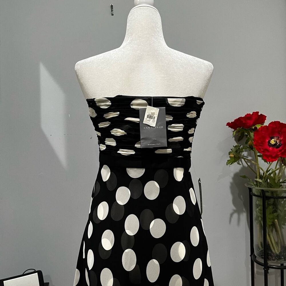 NEW Ann Taylor Silk Ruched A-line Fit Flare Strapless Polka Dot Midi Dress 2 NWT - Picture 4 of 16